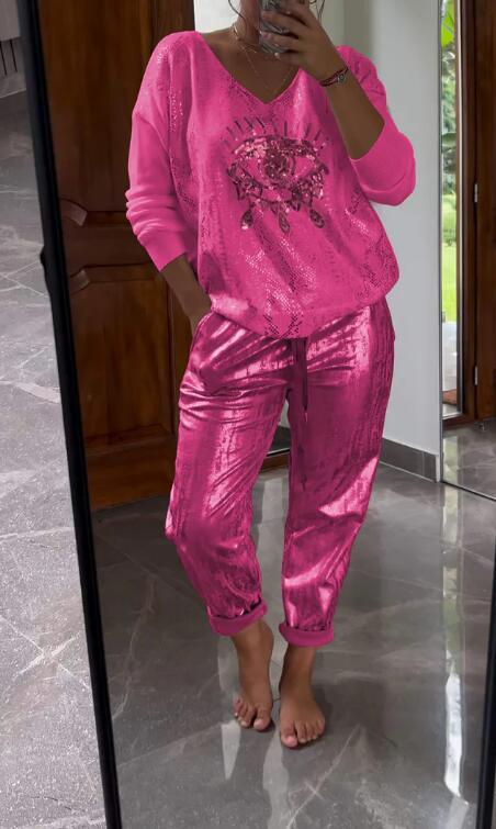 Ensemble 2 pièces pour femmes : ensemble haut en feuille d'or et pantalon à paillettes Devil's Eye