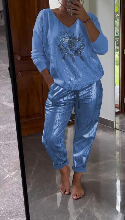 Ensemble 2 pièces pour femmes : ensemble haut en feuille d'or et pantalon à paillettes Devil's Eye