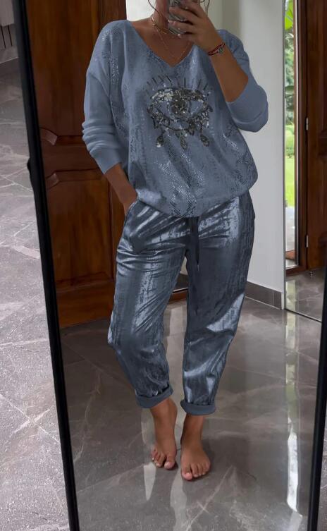 Ensemble 2 pièces pour femmes : ensemble haut en feuille d'or et pantalon à paillettes Devil's Eye