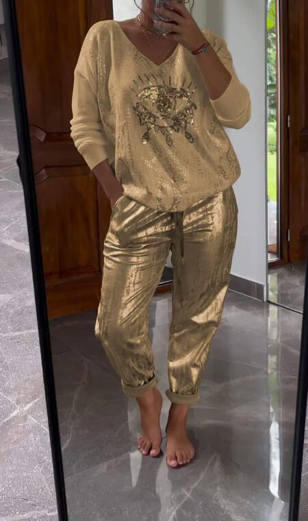 Ensemble 2 pièces pour femmes : ensemble haut en feuille d'or et pantalon à paillettes Devil's Eye