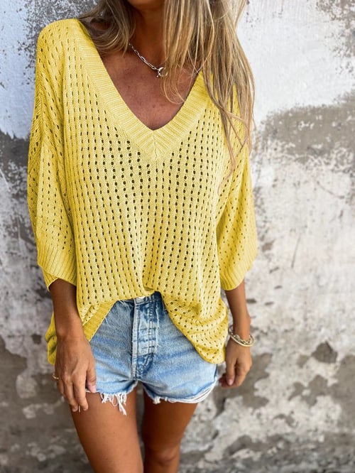 🔥Hot Sale 50% OFF🔥Top tricoté creux à col en V🍀🛫Achetez-en deux et bénéficiez d'une livraison gratuite🛫