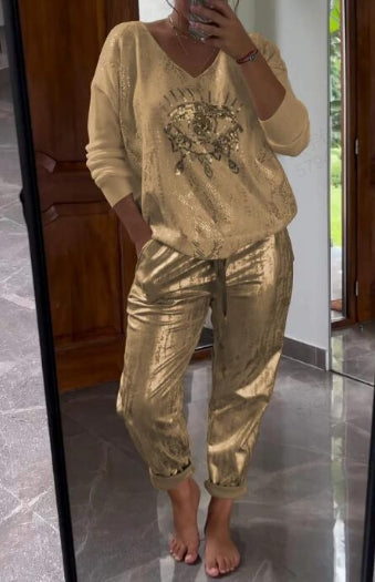 Ensemble 2 pièces pour femmes : ensemble haut en feuille d'or et pantalon à paillettes Devil's Eye