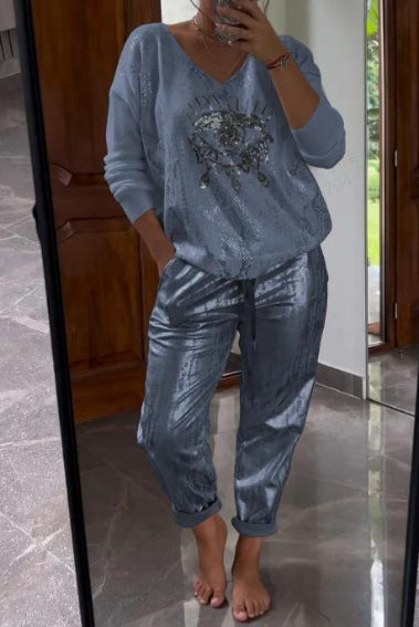 Ensemble 2 pièces pour femmes : ensemble haut en feuille d'or et pantalon à paillettes Devil's Eye