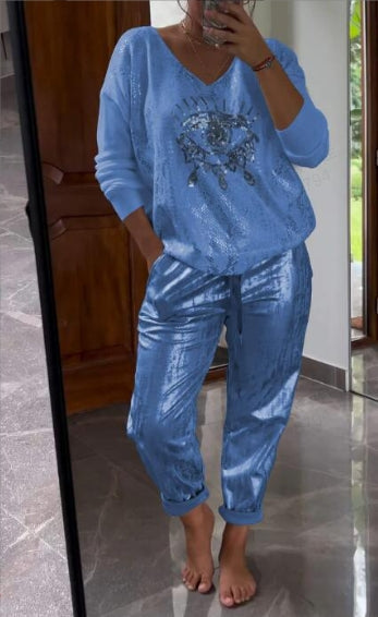 Ensemble 2 pièces pour femmes : ensemble haut en feuille d'or et pantalon à paillettes Devil's Eye