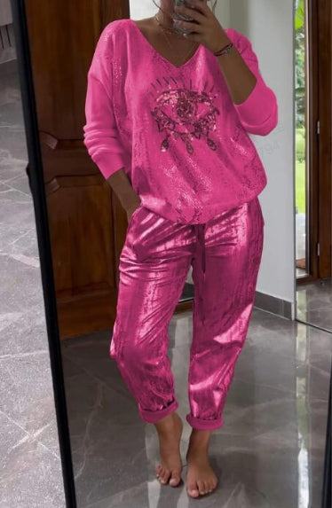 Ensemble 2 pièces pour femmes : ensemble haut en feuille d'or et pantalon à paillettes Devil's Eye