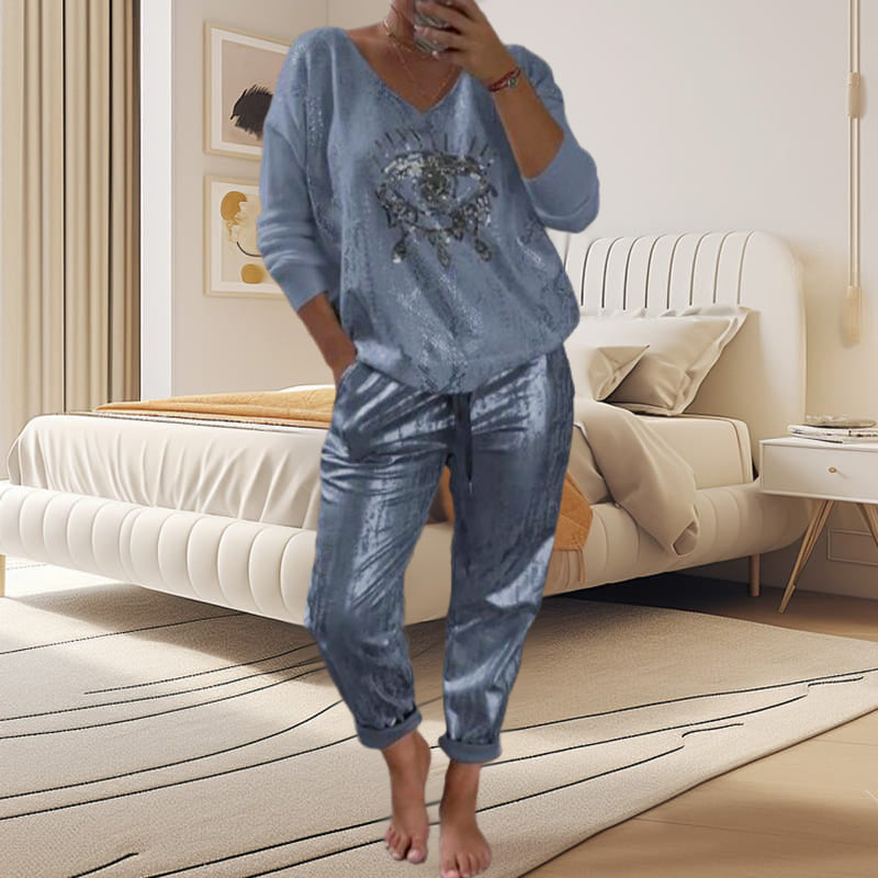 Ensemble 2 pièces pour femmes : ensemble haut en feuille d'or et pantalon à paillettes Devil's Eye