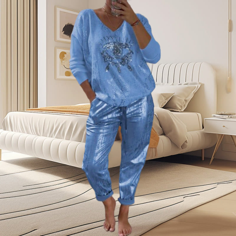 Ensemble 2 pièces pour femmes : ensemble haut en feuille d'or et pantalon à paillettes Devil's Eye