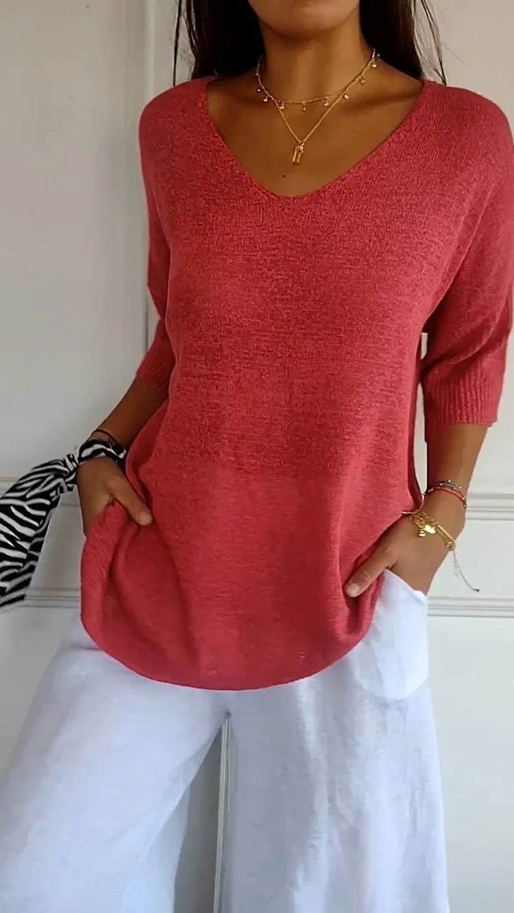 💖Vente Limitée 60% de Réduction💖 Haut à Col V Uni en Maille