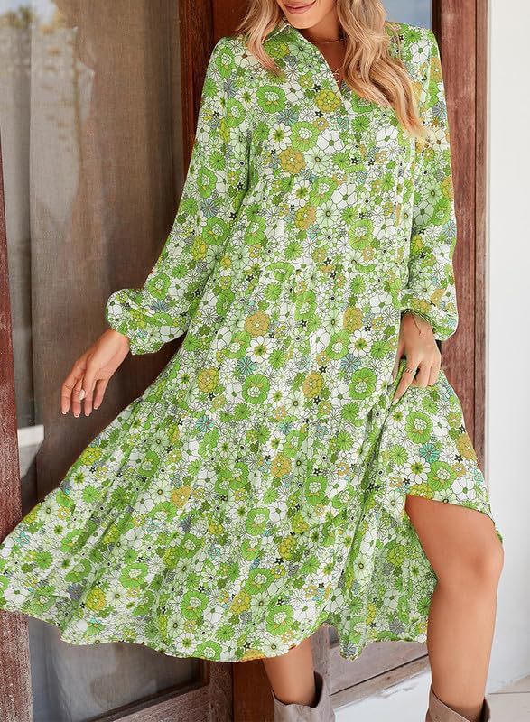 🔥Achetez 2 livraisons gratuites🔥Robe mi-longue bohème à manches longues et col en V pour femme