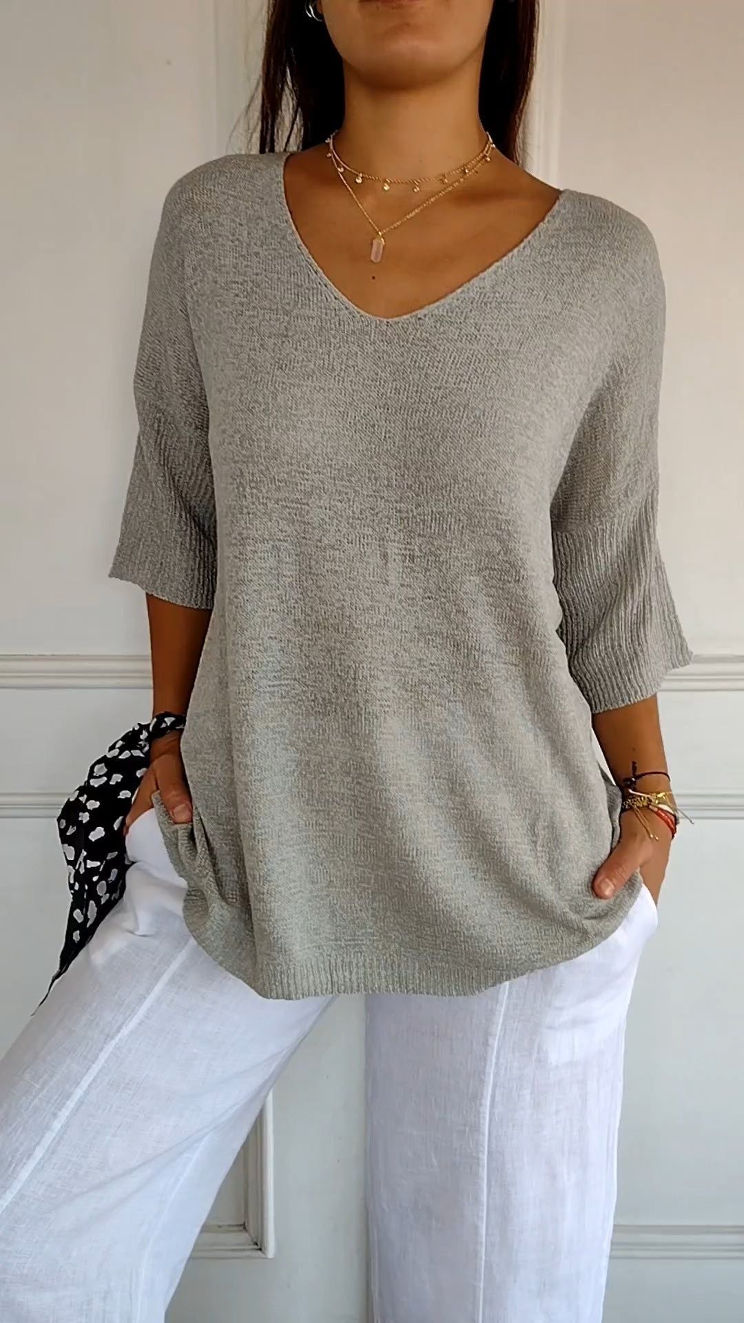 💖Vente Limitée 60% de Réduction💖 Haut à Col V Uni en Maille