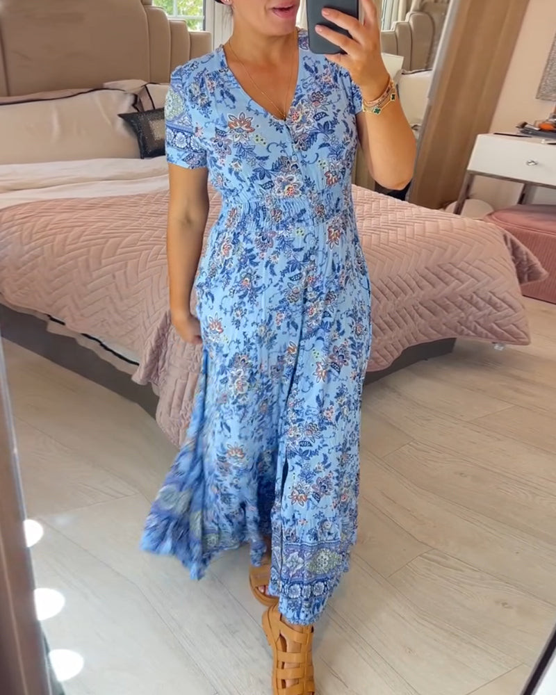 👗 50% DE RÉDUCTION ! 💃 Robe Longue à Col en V Imprimée – Coupe Élégante, Tissu Confortable & Style Polyvalent ✨