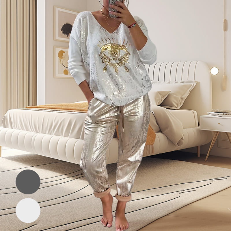 Ensemble 2 pièces pour femmes : ensemble haut en feuille d'or et pantalon à paillettes Devil's Eye