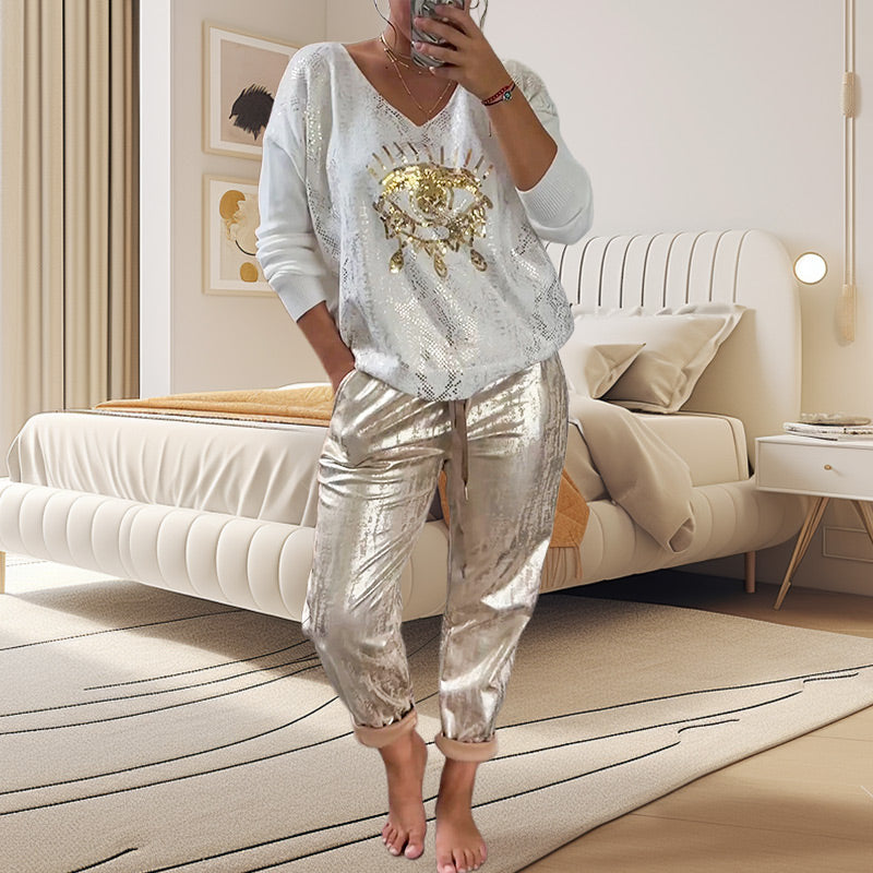 Ensemble 2 pièces pour femmes : ensemble haut en feuille d'or et pantalon à paillettes Devil's Eye