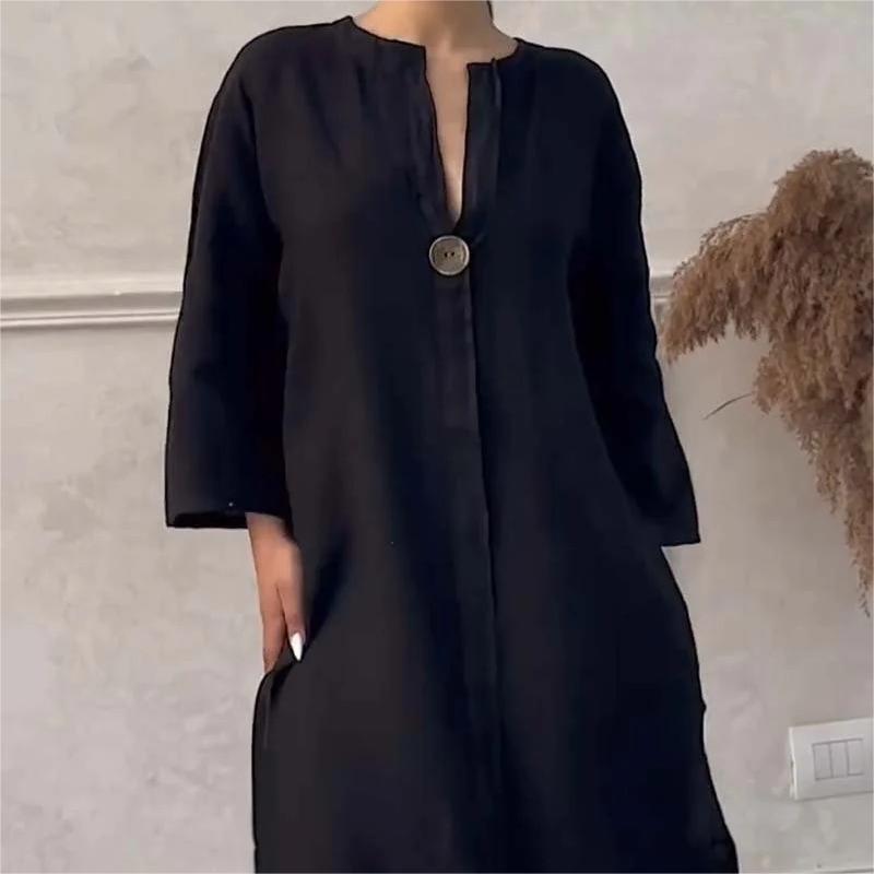 Robe décontractée et respirante de couleur unie avec manches 3/4 et col en V