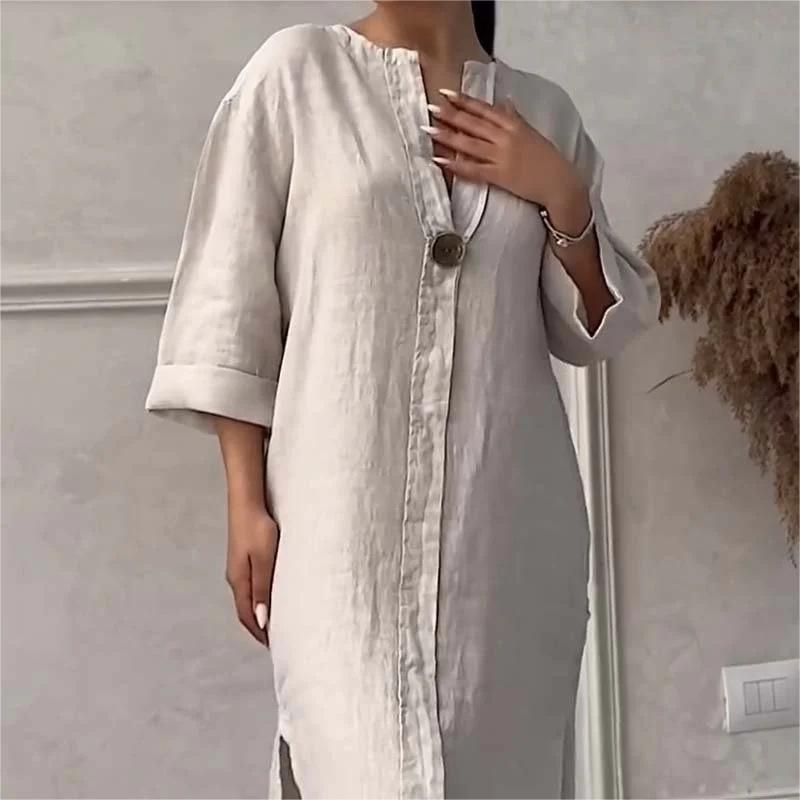 Robe décontractée et respirante de couleur unie avec manches 3/4 et col en V