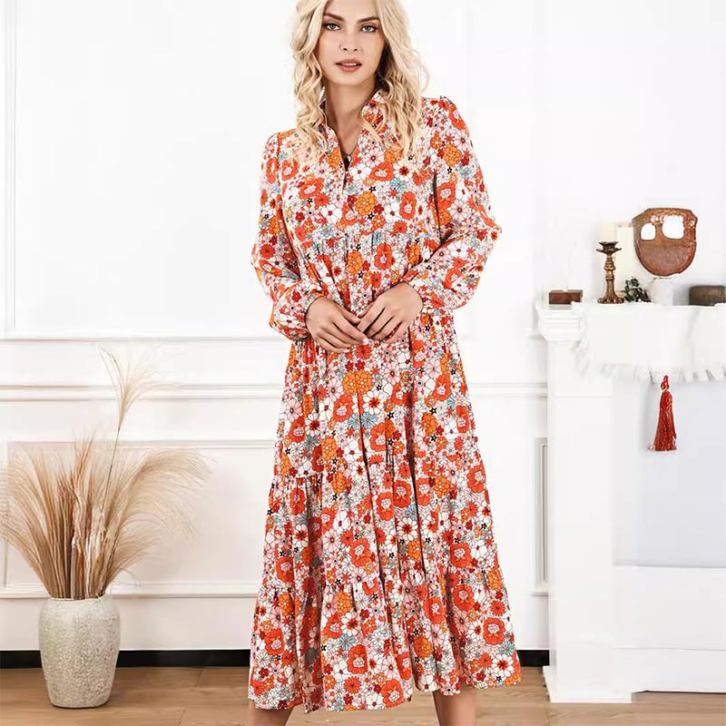 🔥Achetez 2 livraisons gratuites🔥Robe mi-longue bohème à manches longues et col en V pour femme