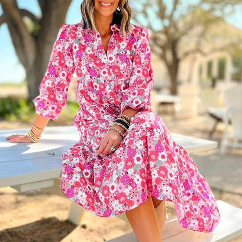 🔥Achetez 2 livraisons gratuites🔥Robe mi-longue bohème à manches longues et col en V pour femme
