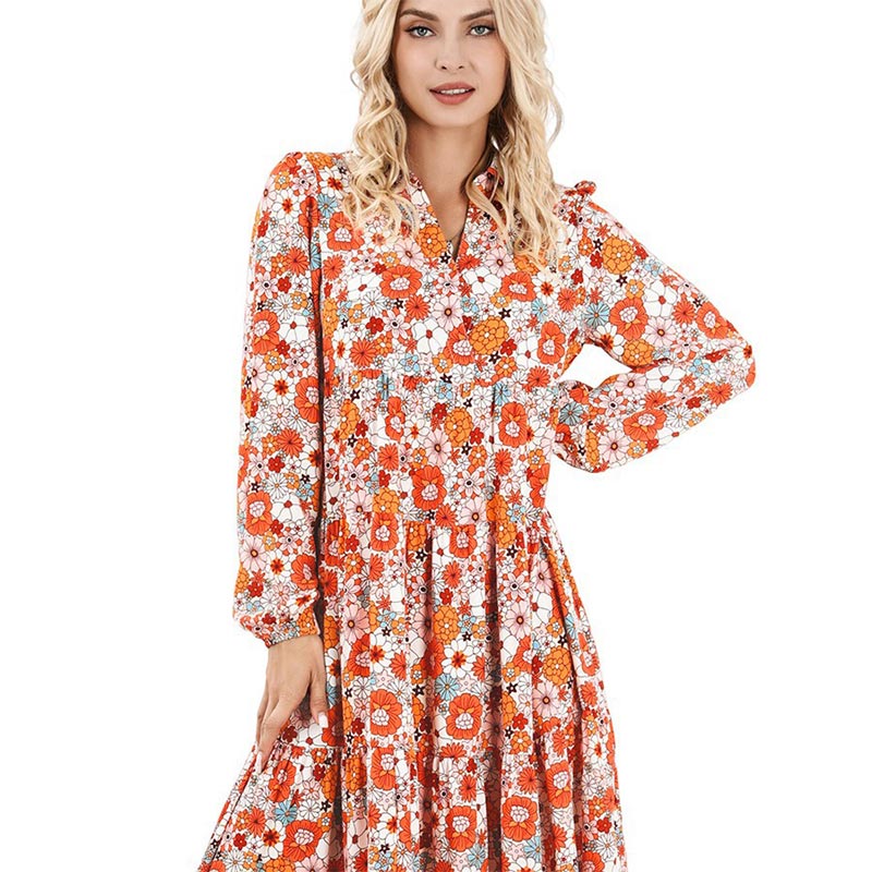 🔥Achetez 2 livraisons gratuites🔥Robe mi-longue bohème à manches longues et col en V pour femme