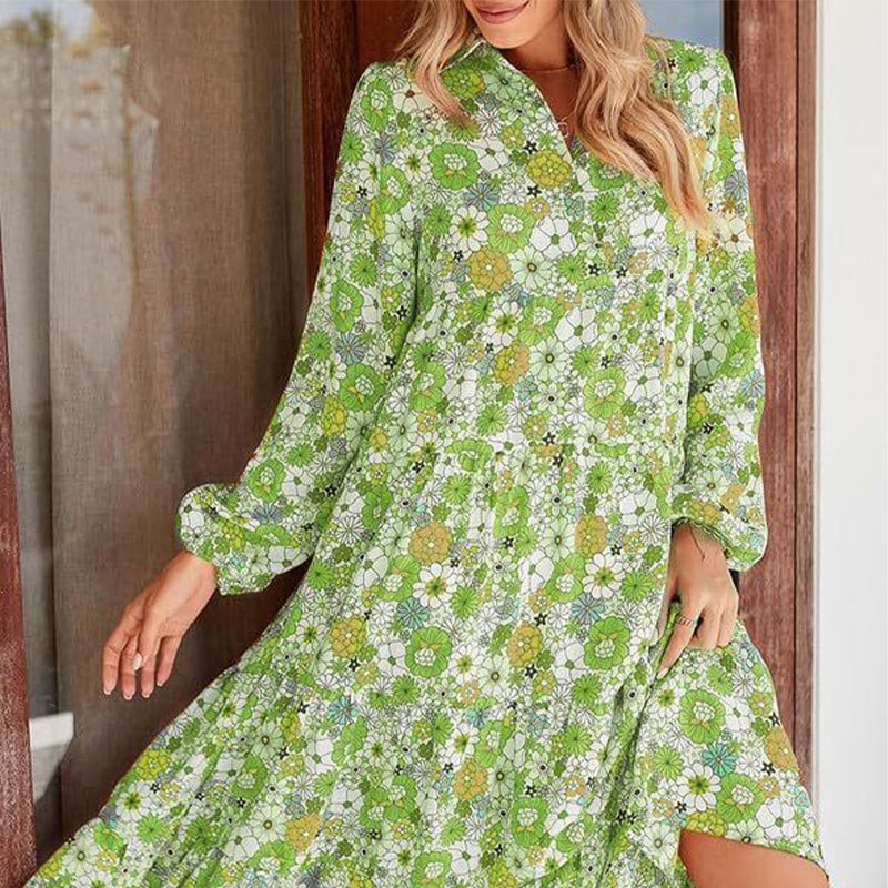 🔥Achetez 2 livraisons gratuites🔥Robe mi-longue bohème à manches longues et col en V pour femme