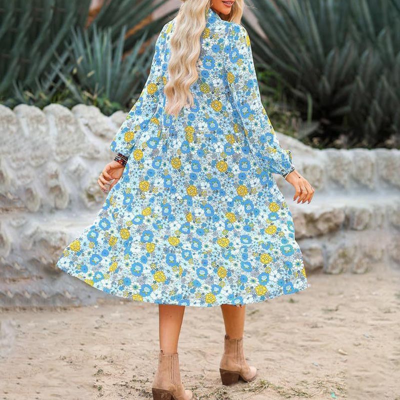 🔥Achetez 2 livraisons gratuites🔥Robe mi-longue bohème à manches longues et col en V pour femme