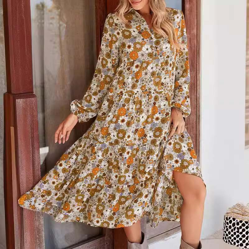 🔥Achetez 2 livraisons gratuites🔥Robe mi-longue bohème à manches longues et col en V pour femme