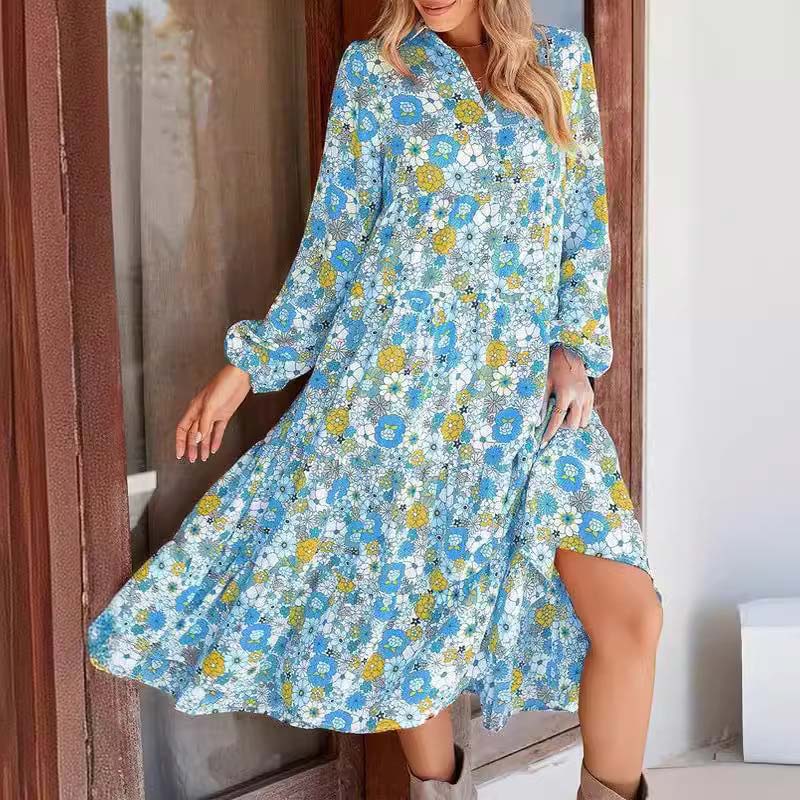 🔥Achetez 2 livraisons gratuites🔥Robe mi-longue bohème à manches longues et col en V pour femme
