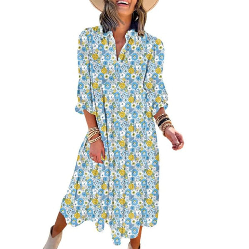 🔥Achetez 2 livraisons gratuites🔥Robe mi-longue bohème à manches longues et col en V pour femme