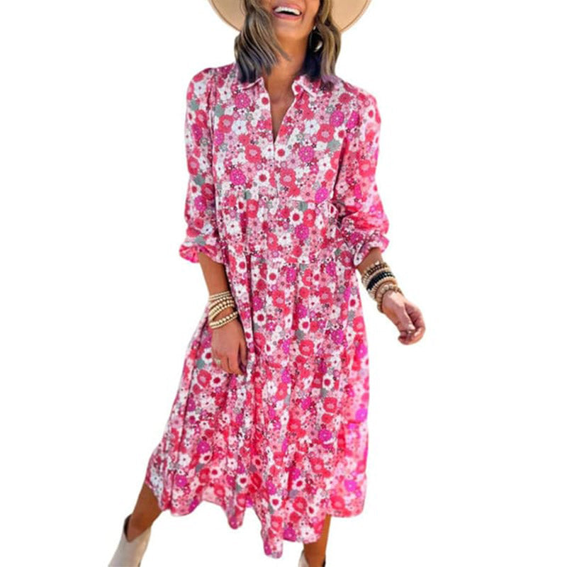 🔥Achetez 2 livraisons gratuites🔥Robe mi-longue bohème à manches longues et col en V pour femme