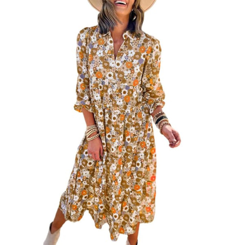 🔥Achetez 2 livraisons gratuites🔥Robe mi-longue bohème à manches longues et col en V pour femme