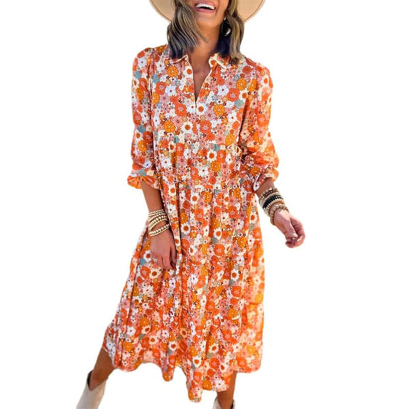 🔥Achetez 2 livraisons gratuites🔥Robe mi-longue bohème à manches longues et col en V pour femme
