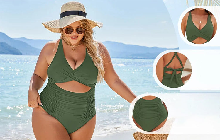 Maillots de Bain Féminins Push-Up avec Contrôle du Ventre et Col en V à Découpes