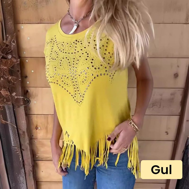 Einfarbiges Kurzarm-T-Shirt für Damen mit heißem Aufdruck und ausgefranstem Saum