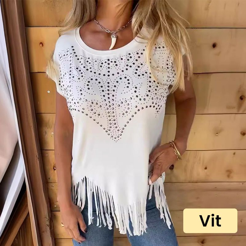Einfarbiges Kurzarm-T-Shirt für Damen mit heißem Aufdruck und ausgefranstem Saum