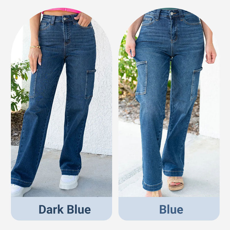 Jeans stretch cargo à jambe large et à taille haute pour femmes