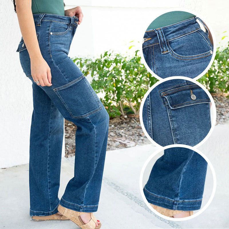Jeans stretch cargo à jambe large et à taille haute pour femmes