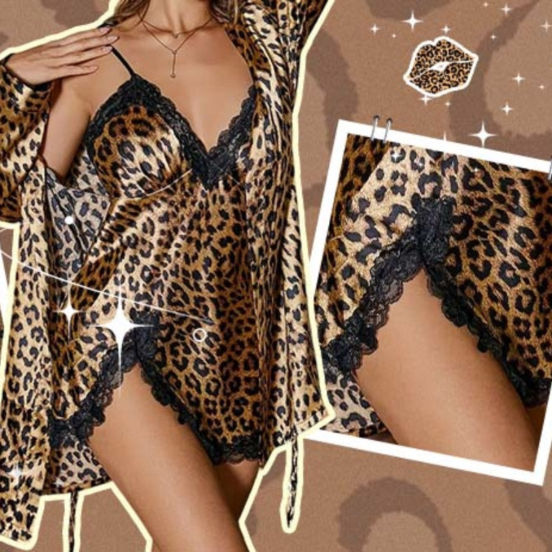 Ensemble de peignoir et nuisette imprimé léopard sexy