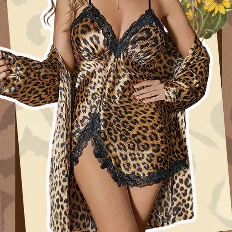 Ensemble de peignoir et nuisette imprimé léopard sexy