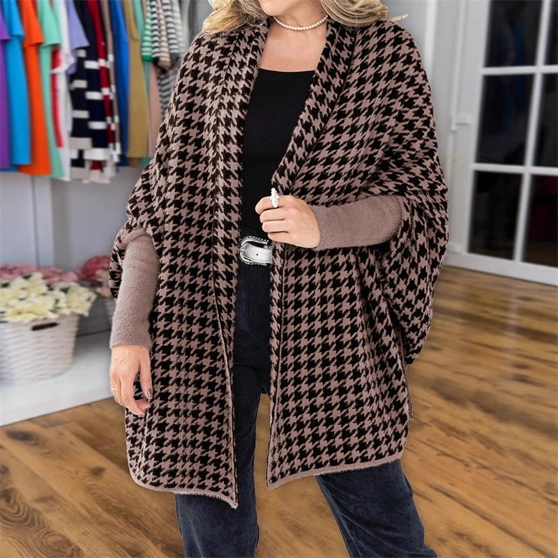 🎁Soldes automne 2025✨🖤Poncho femme ouvert sur le devant, motif pied-de-poule