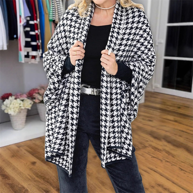 🎁Soldes automne 2025✨🖤Poncho femme ouvert sur le devant, motif pied-de-poule