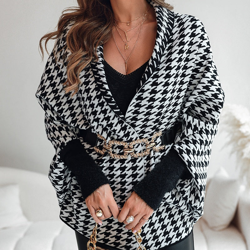 🎁Soldes automne 2025✨🖤Poncho femme ouvert sur le devant, motif pied-de-poule