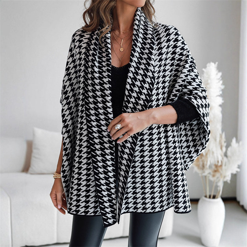 🎁Soldes automne 2025✨🖤Poncho femme ouvert sur le devant, motif pied-de-poule