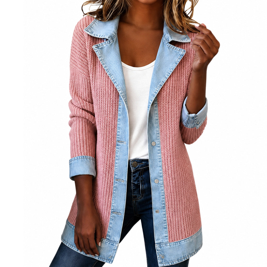Manteau en maille côtelée élégant pour femme avec empiècements en jean