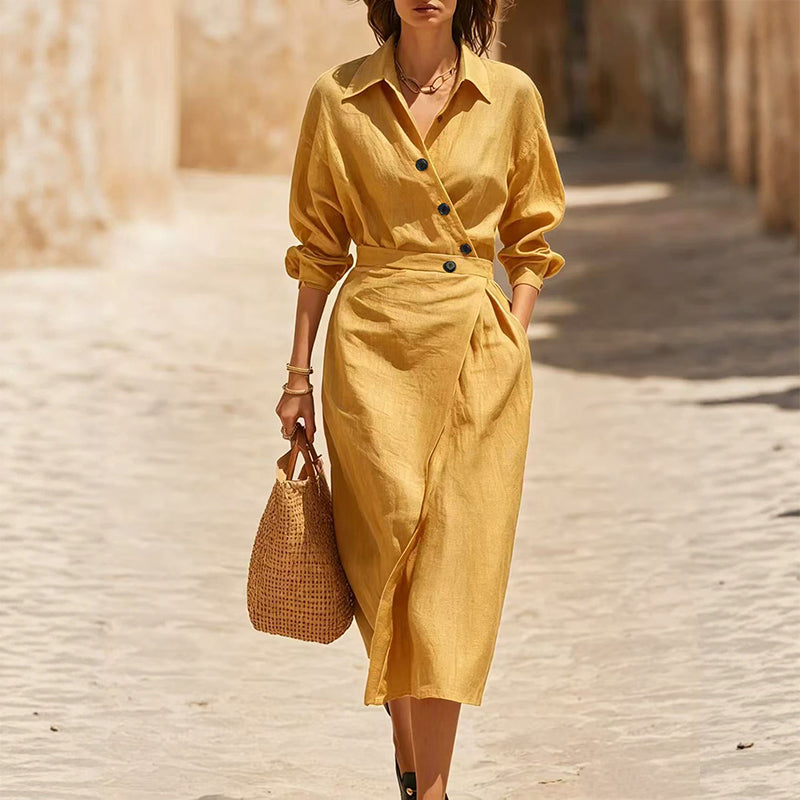 Robe-chemise midi pour femme, à revers et poches