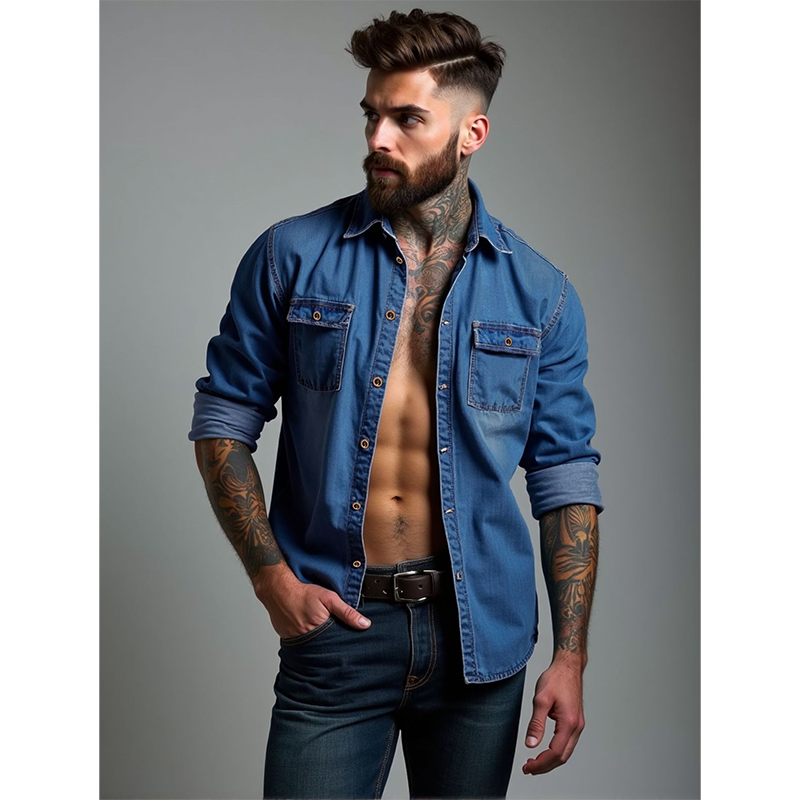 Chemise en jean à manches longues pour homme, style décontracté, boutonnée, avec cardigan