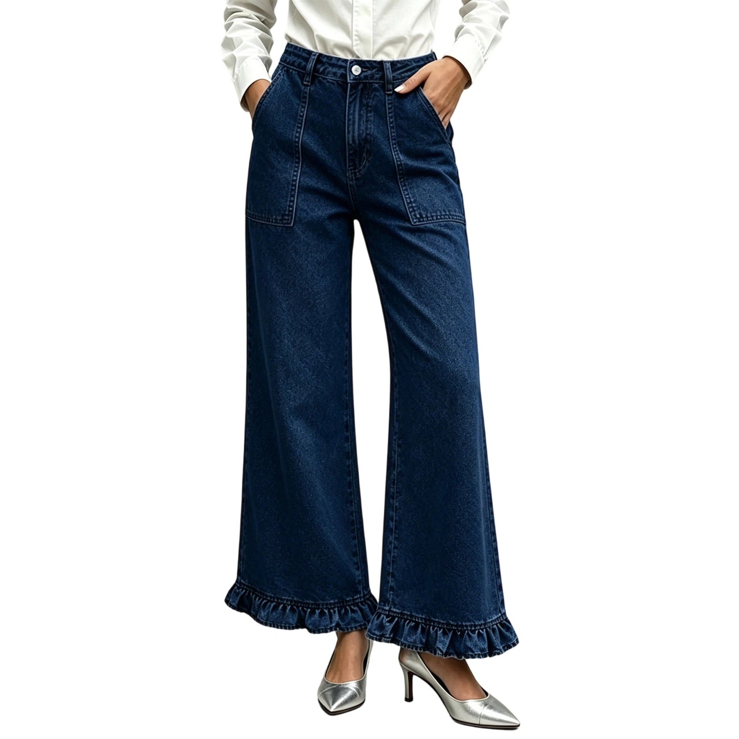 Jean droit chic à ourlet volanté pour femme