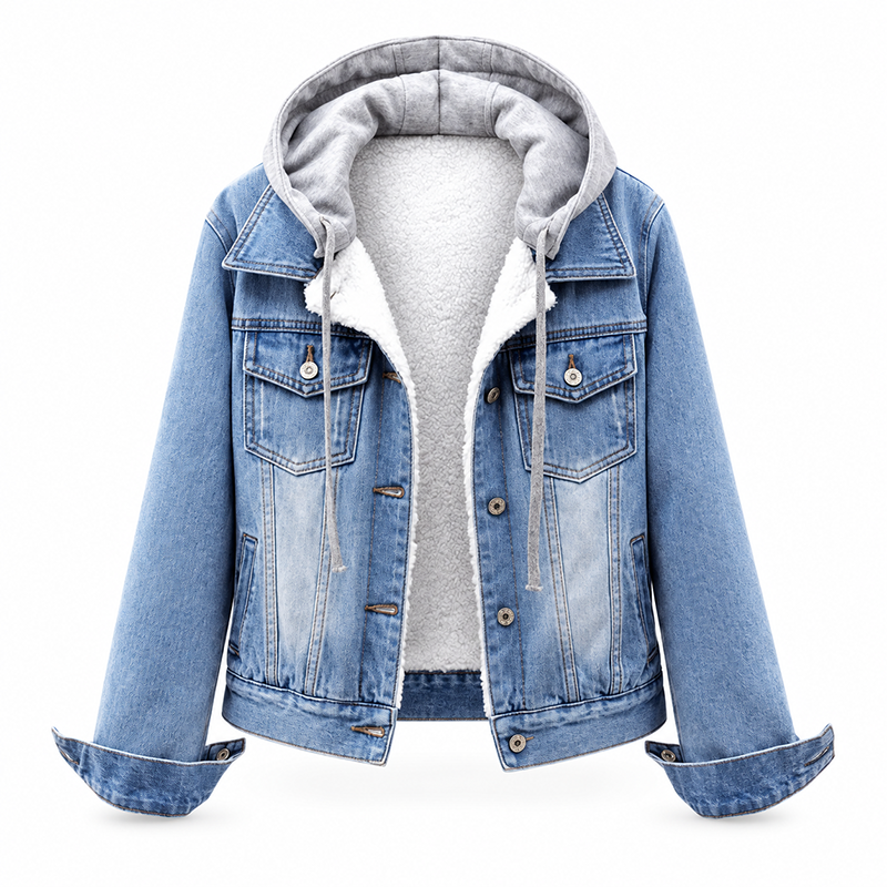 Veste en jean à capuche superposée pour femme, avec doublure chaude