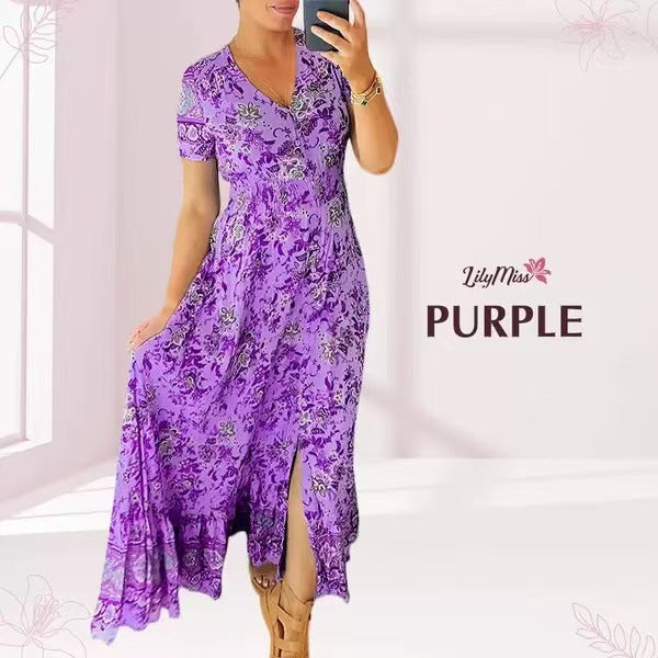 👗 50% DE RÉDUCTION ! 💃 Robe Longue à Col en V Imprimée – Coupe Élégante, Tissu Confortable & Style Polyvalent ✨