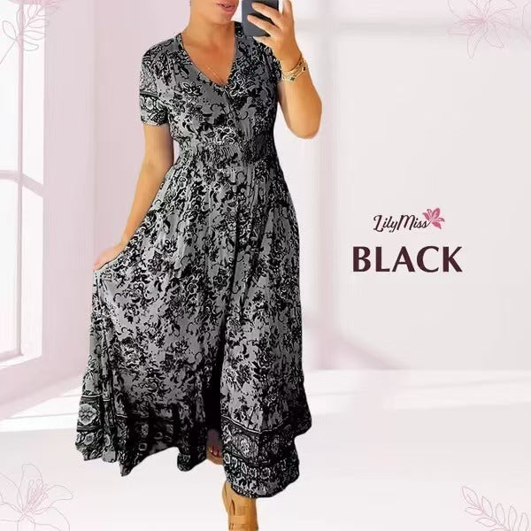 👗 50% DE RÉDUCTION ! 💃 Robe Longue à Col en V Imprimée – Coupe Élégante, Tissu Confortable & Style Polyvalent ✨
