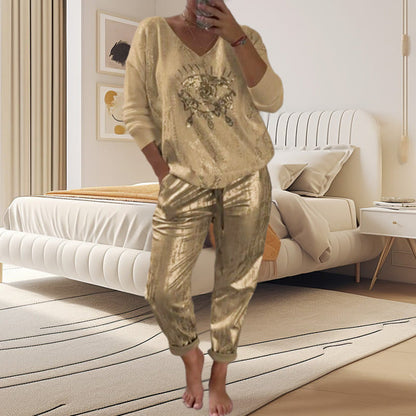 Ensemble 2 pièces pour femmes : ensemble haut en feuille d'or et pantalon à paillettes Devil's Eye