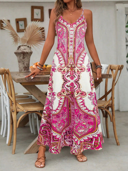 🎁Robe longue sans manches à col en V et imprimé rétro pour femme🎁Achetez 2 livraison gratuite